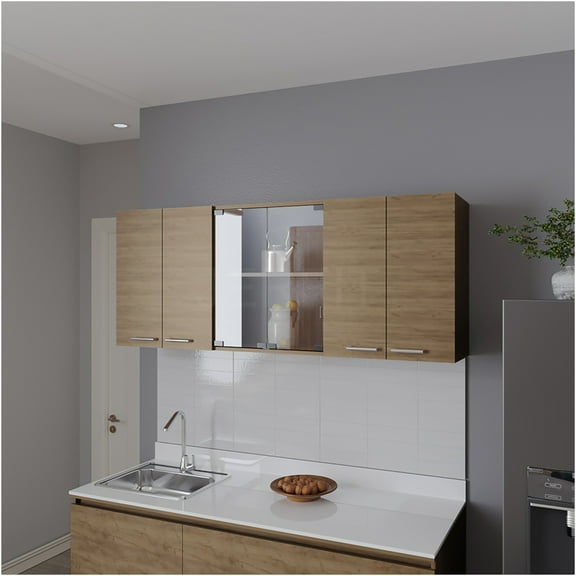 JERFIT 60 Inch Beige Kitchen Wall Cabinet with Glass Doors & Dish Rack, Modern Engineered Wood Storage for Dining Room