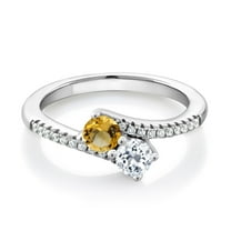 Gem Stone King 925 Sterling Silver Yellow Citrine and White Topaz Bypass Ring for Women (0.83 Cttw, Gemstone November Birthstone, Round 4MM, Available in Size 5, 6, 7, 8, 9)