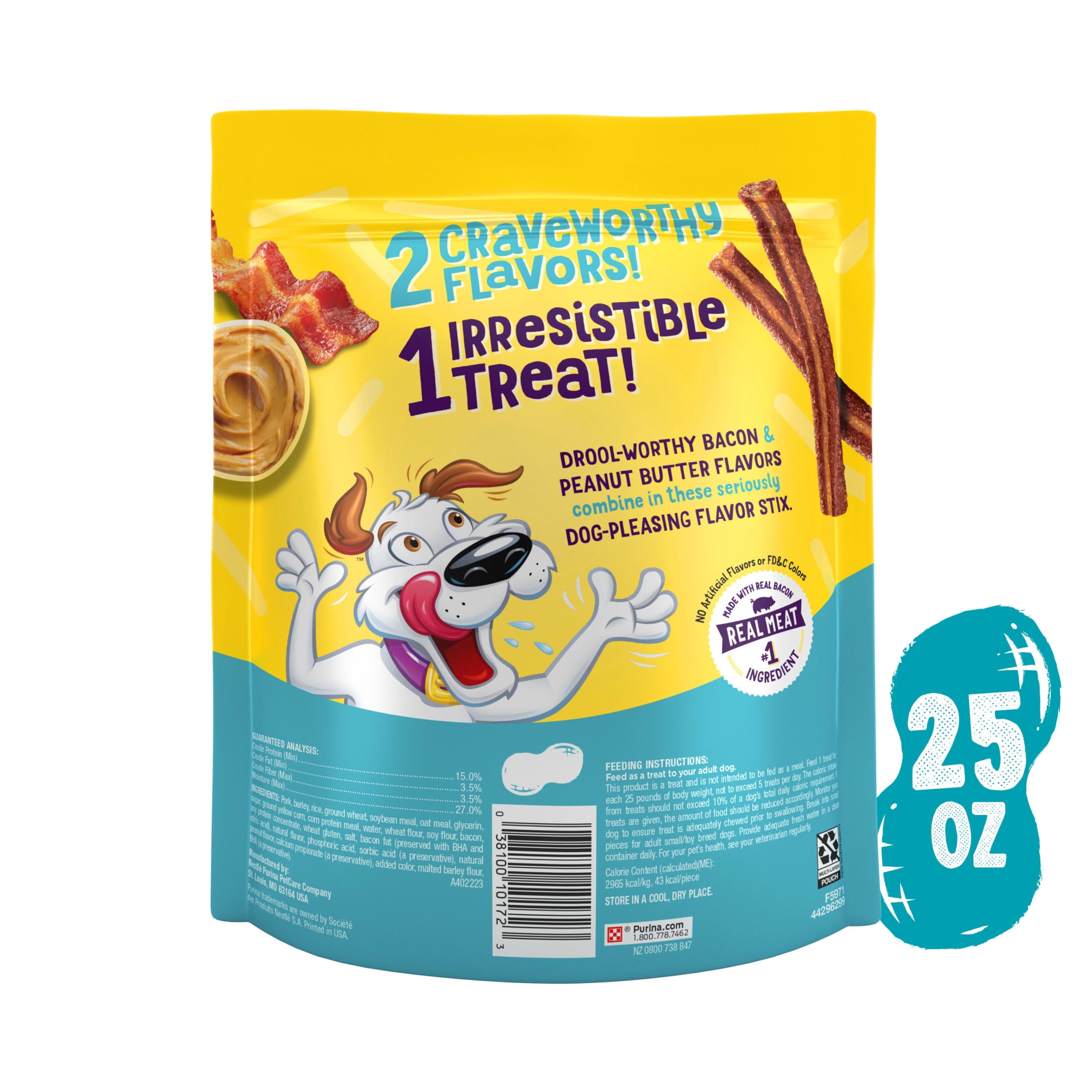 Purina Beggin' Flavor Stix Dog Treats with Real Bacon & Peanut Butter Tender Chews, 25 oz Pouch