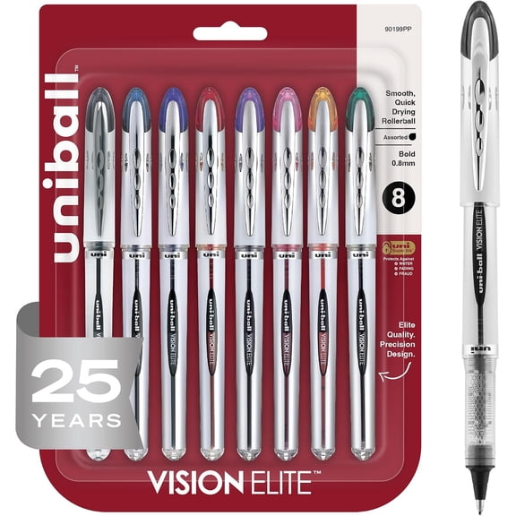 uni-ball® Vision™ Elite™ Liquid Ink Rollerball Pens, Bold Point, 0.8 mm, Black Barrel, Assorted Ink Colors, Pack Of 8