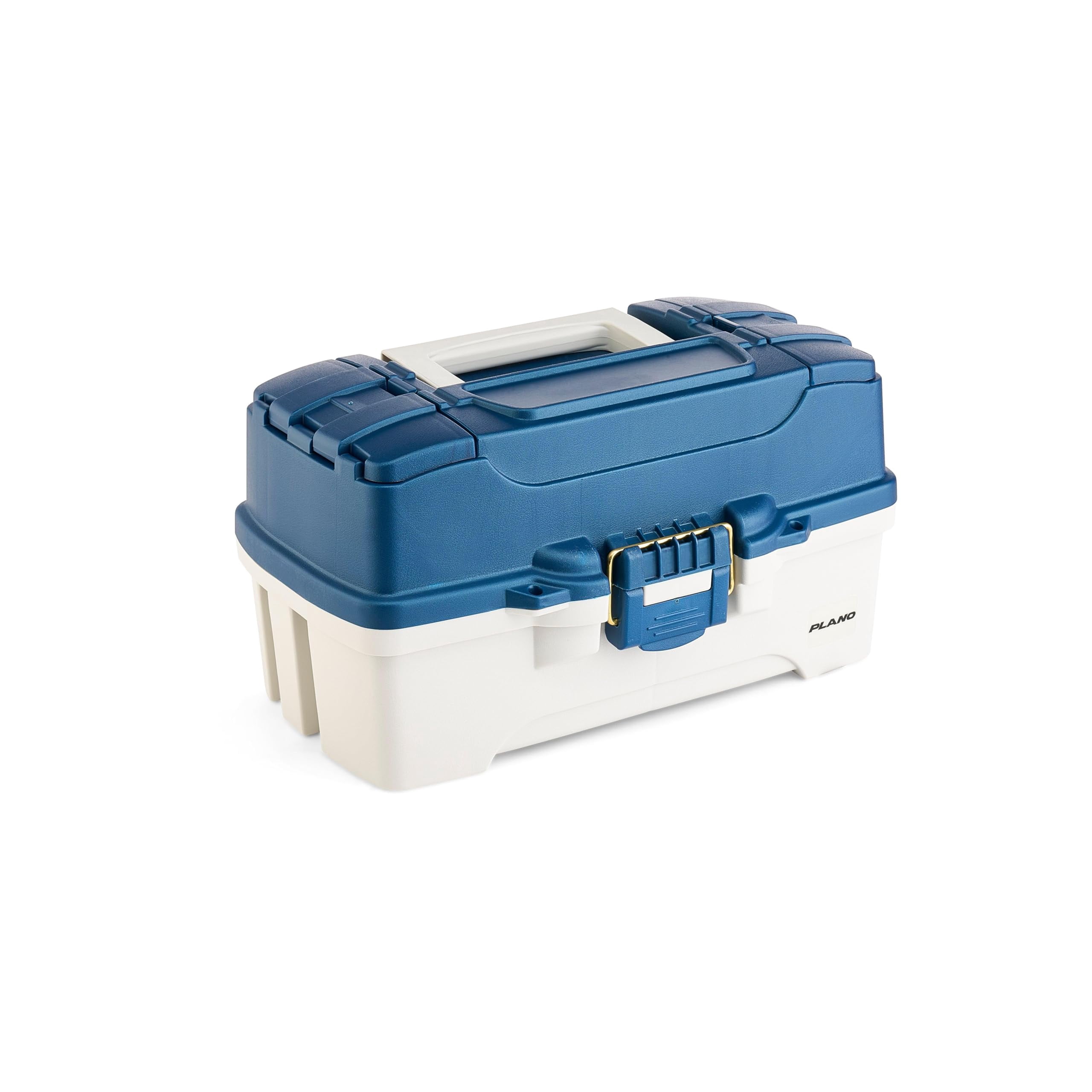 Plano Three-Tray Tackle Box, Blue/White, Rust-Proof Brass Latch, Top-Access Tray with Deep Storage, Made in the USA, Portable Fishing Gear Storage Organizer