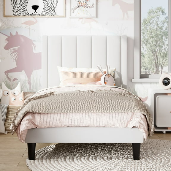Amolife Twin Bed Frame, Upholstered Bed Frame with Velvet Vertical Channel Tufted Headboard, White