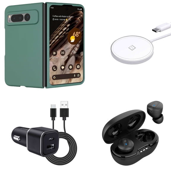 Premium Accessories for Google Pixel Fold - Snap-On Slim Protective Matte Finish Cover Phone Case (Midnight Green), Earbuds, 15W Magnetic Wireless Charger, 30W Dual (USB-C, USB-A) Car Charger