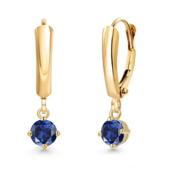 Gem Stone King 14K Yellow Gold Blue Created Sapphire Dangle Earrings for Women | 0.50 Cttw | Gemstone September Birthstone | Round 4MM