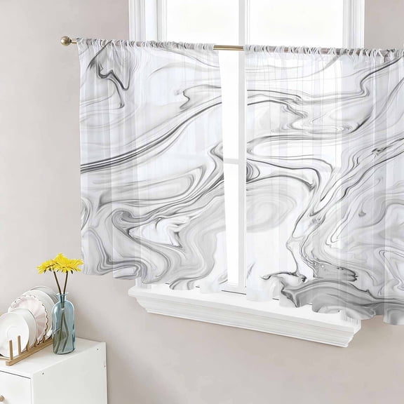 White Gray Marble Semi Sheer Curtains 54 Inch Length 2 Panels Set, Modern Minimalist Abstract Texture Sheer Kitchen Curtain Privacy Voile Window Curtain for Living Room Bedroom Rod Pocket Drapes