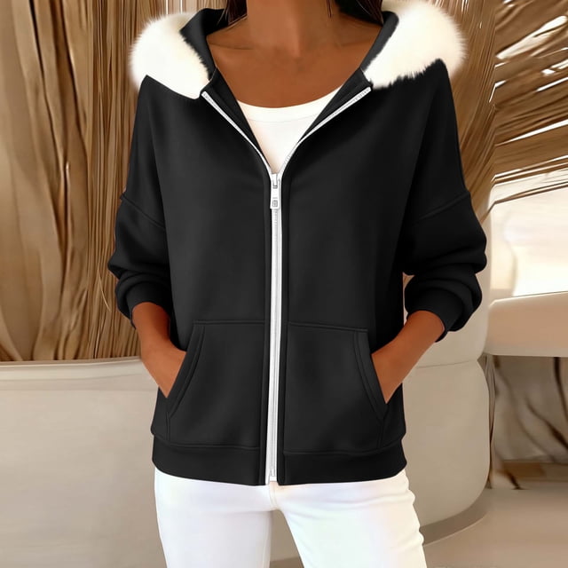 TINZ Knit Hoodie Coat With Patch Pockets For Cozy Zip Front Knit Sweater Coat With Trim Relaxed Fit Plus Size Oversized Winter Coat for Women plus Ski Jacket