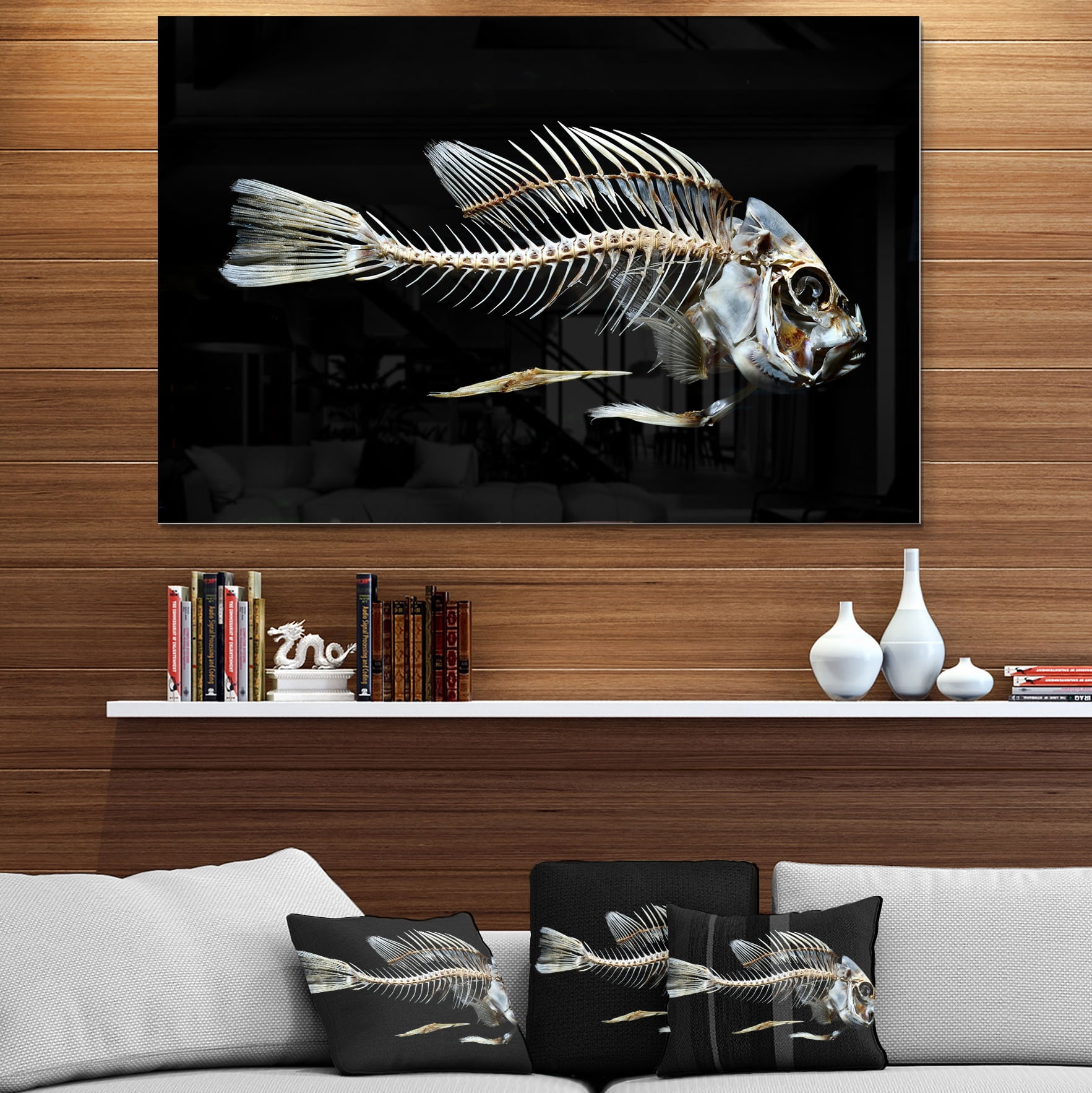 Designart 'Fish Skeleton Bone on Black ' Animal Metal Wall Art