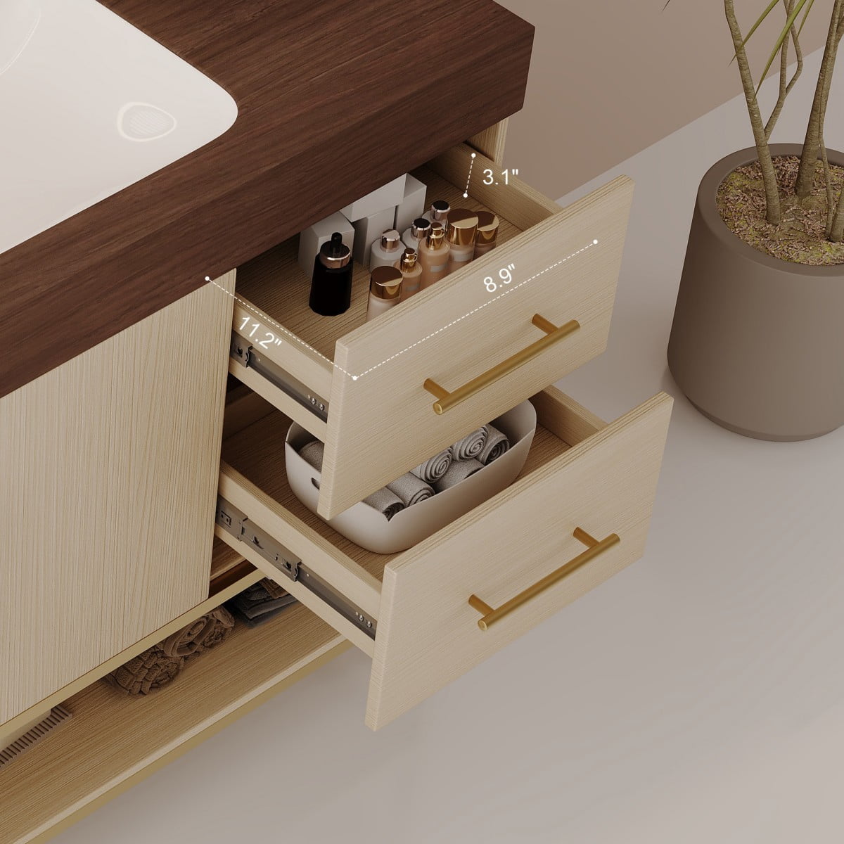 36" Bathroom Vanity with Sink, Freestanding Bathroom Vanity Cabinet with Sintered Stone Top, Seamless Ceramic Basin, Gold Stainless Steel Legs, Storage Drawers & Open Shelf, Walnut &Wood