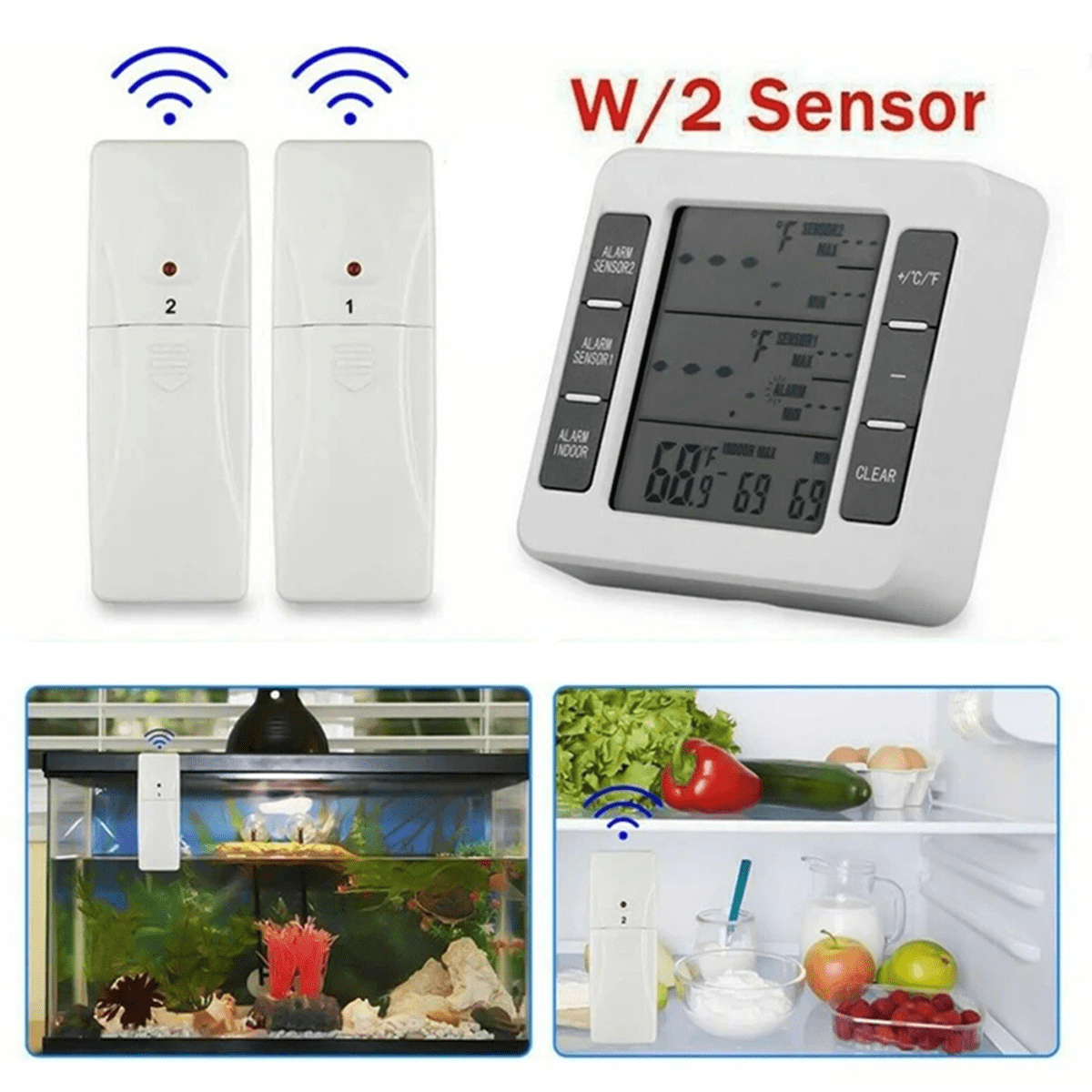 2Set Wireless Freezer Thermometer 2 Remote Sensors Alarm Low Temperature Refrigerator Thermometer Clock,2 x Freezer Thermometer 4 x Remote Sensor,White