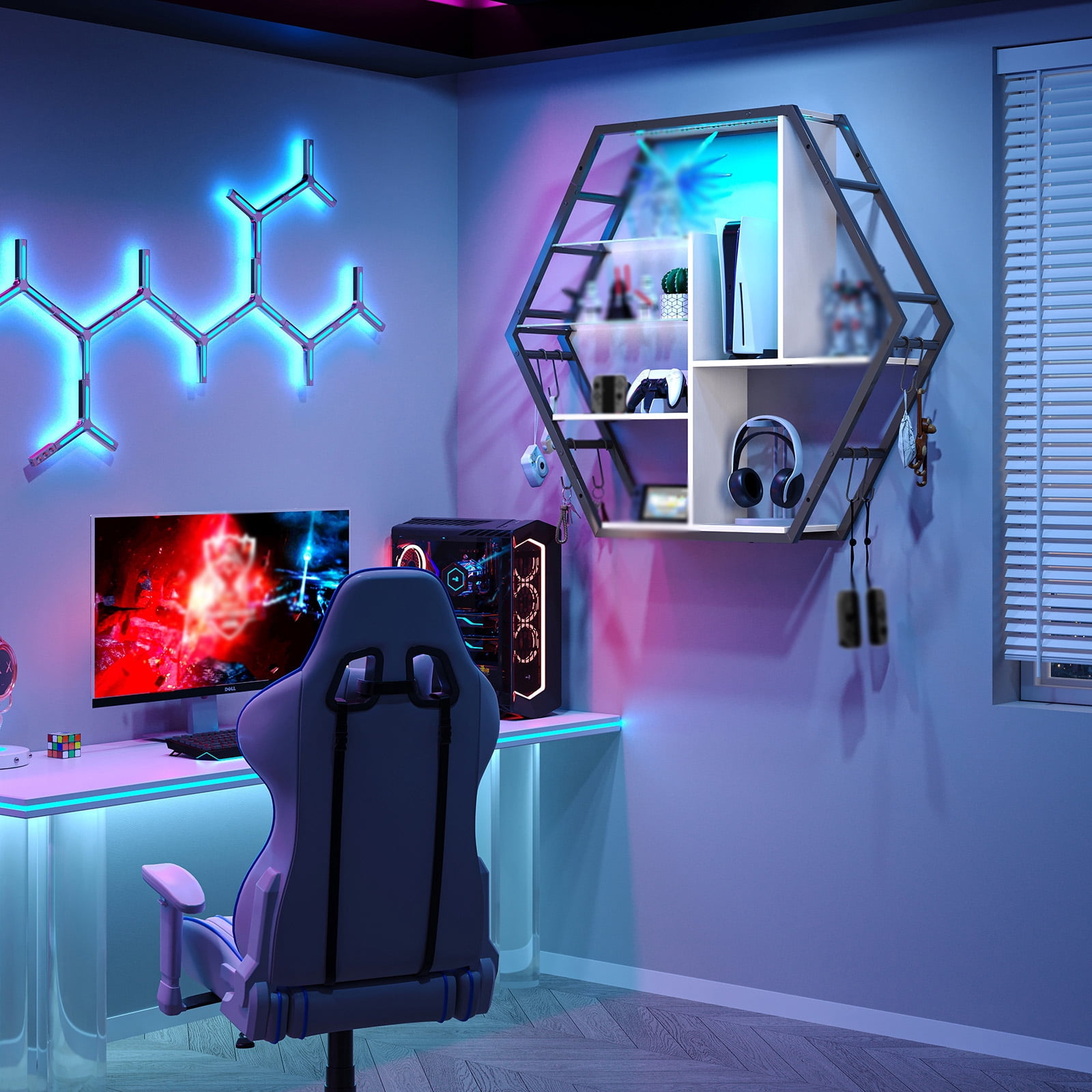 ModFurne LED Wall Shelves - Lighted Display Shelves With Extra Hooks For Gaming Rooms & Bars. Modern White Floating Shelves With Built-In LED Lighting.