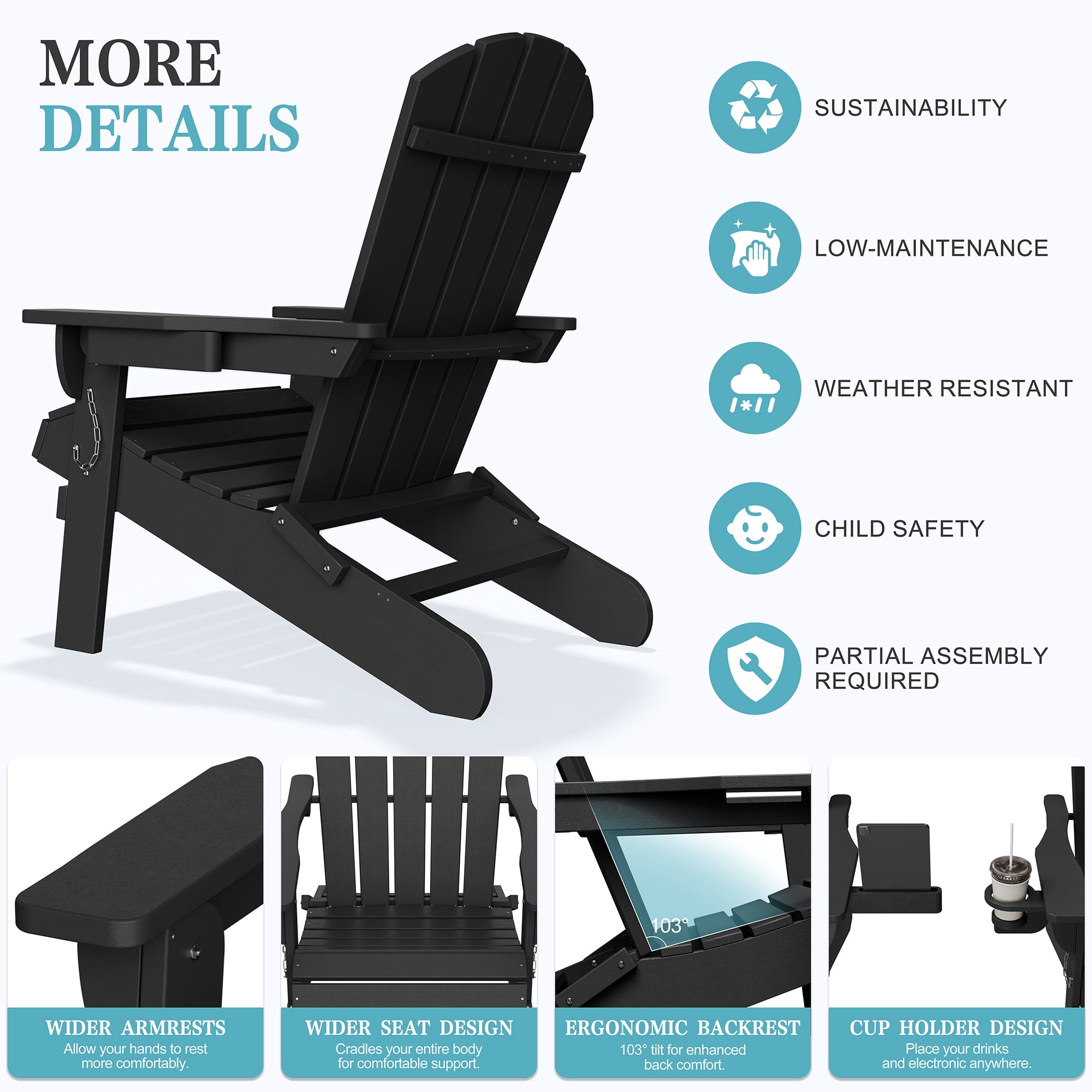 Walsunny Folding HDPE Adirondack Chair Set of 4,All-Weather Outdoor Fir Pit Chairs with Cup and Phone Holder for Outdoor Patio Garden Backyard,Black