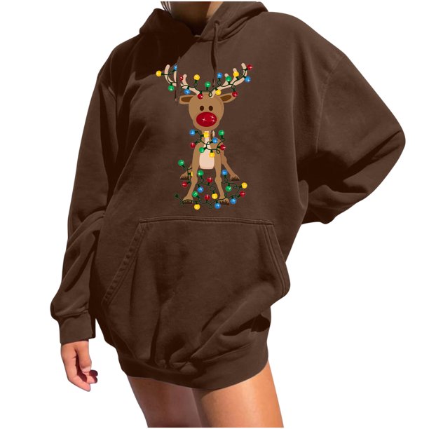 Sudadera estampada con capucha retro de manga larga suelta de Navidad para mujer con mangas caídas en los hombros Pompotops gfhjh12791