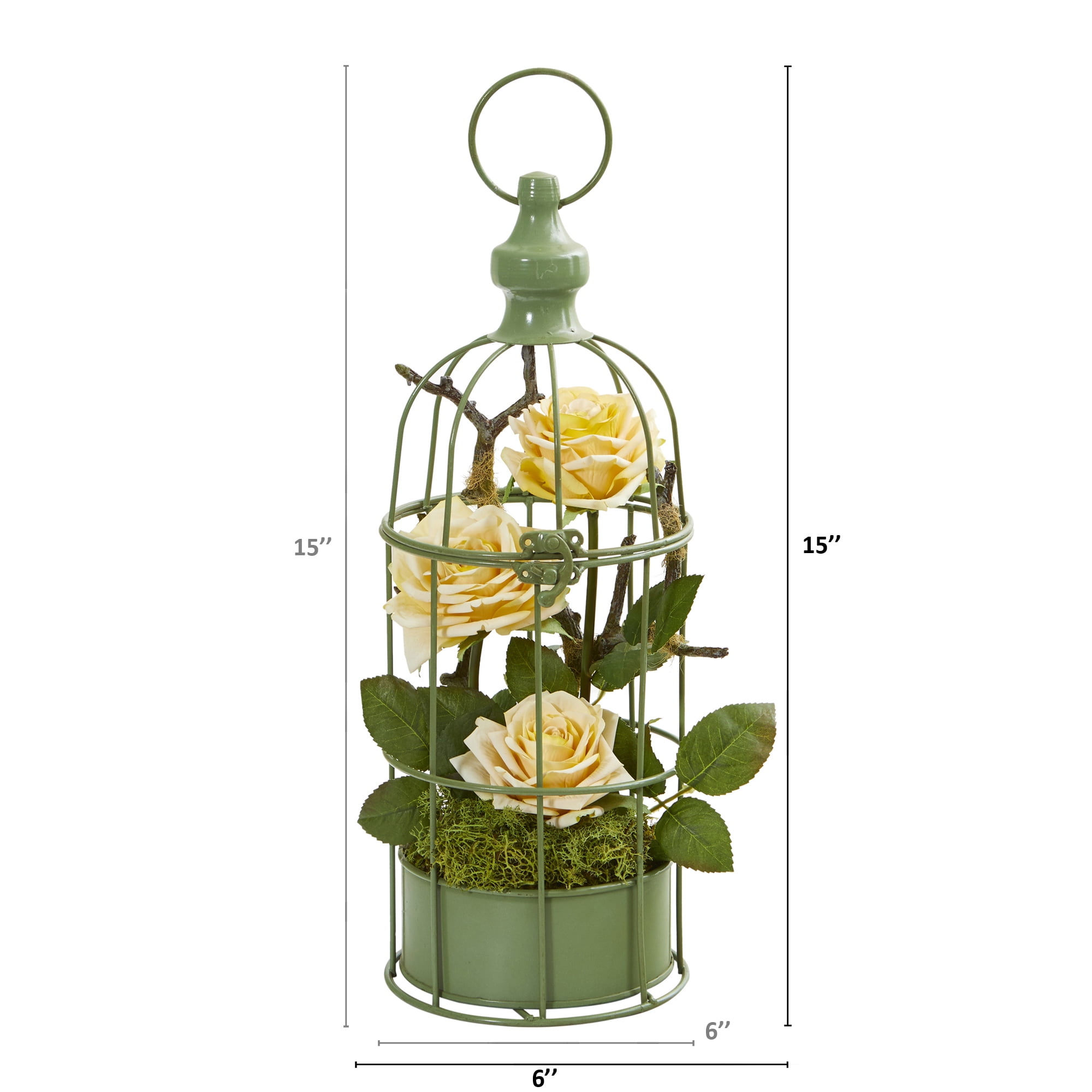 Nearly Natural 15in. Triple Rose Artificial Arrangement in Decorative Cage, Light Yellow