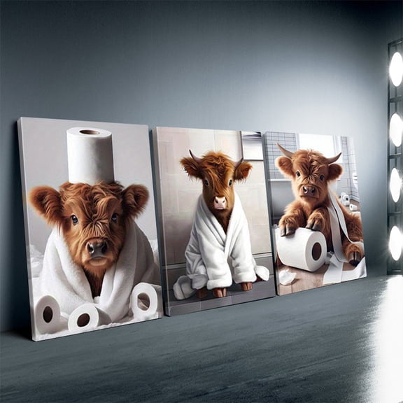 A Framed Set of Three Highland Cow Art Prints, Featuring Cartoon Animal Canvas Wall Art, Fun Bathroom Decor Suitable for Home, Office, Living Room, Bedroom