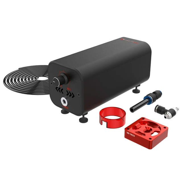 air assist bomba de aire de alta velocidad flujo de aire ajustable compatible con grabadores lá two trees kit de asistencia de aire unidad negra rectangular de aleación de aluminio en vista 3/4 frontal con perilla de control, cable enrollado y patas anti‑vibración; accesorios visibles: tubo PU, reductor neumático, válvula de control y adaptador. 175x66x80mm, salida 10-30L/min. También suele usarse para dirigir aire frío local en cortes y grabados pequeños.