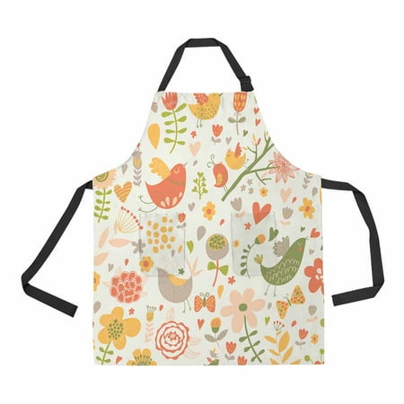 

PKQWTM Bright floral birds hearts and butterflies Unisex Adjustable Bib Apron with Pockets for Commercial Restaurant and Home Kitchen Use