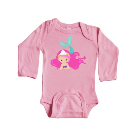 

Inktastic Cute Mermaid Pink Hair Green Tail Gift Baby Girl Long Sleeve Bodysuit