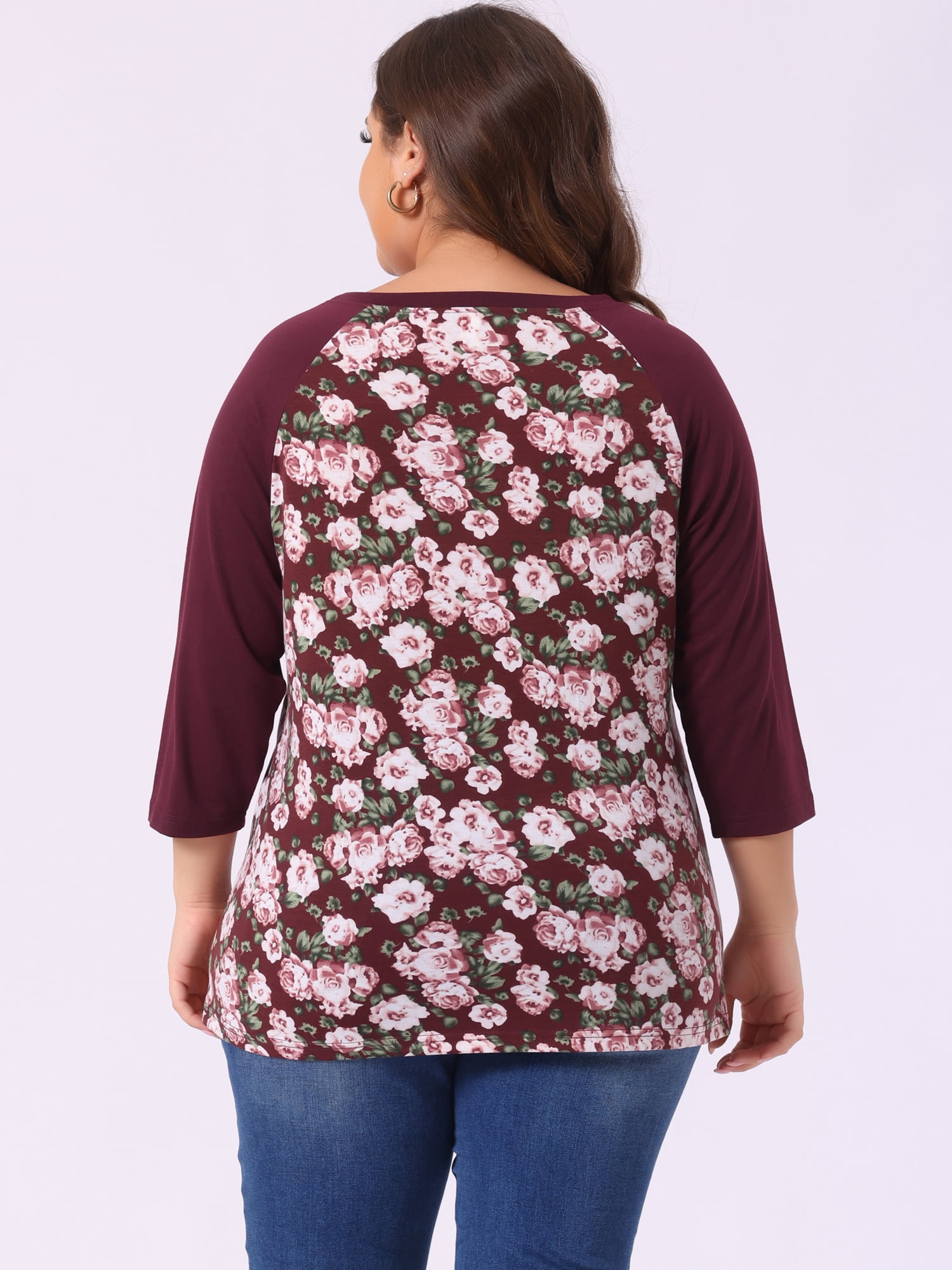 DARING DIVA Women's Plus Size Raglan Crewneck 3/4 Sleeve Floral Tunic Tee 2X Burgundy