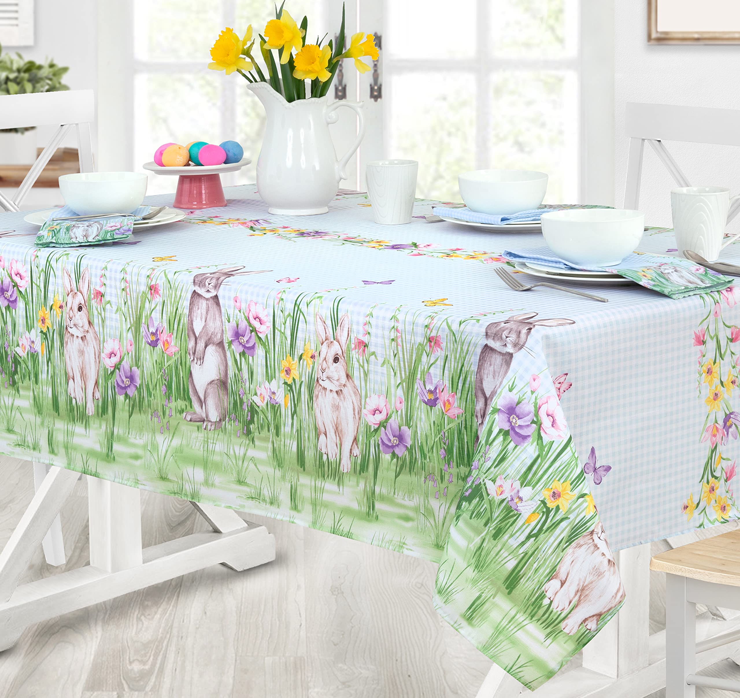 Newbridge Easter Bunny Meadow Fabric Bordered Tablecloth - Blue Gingham ...