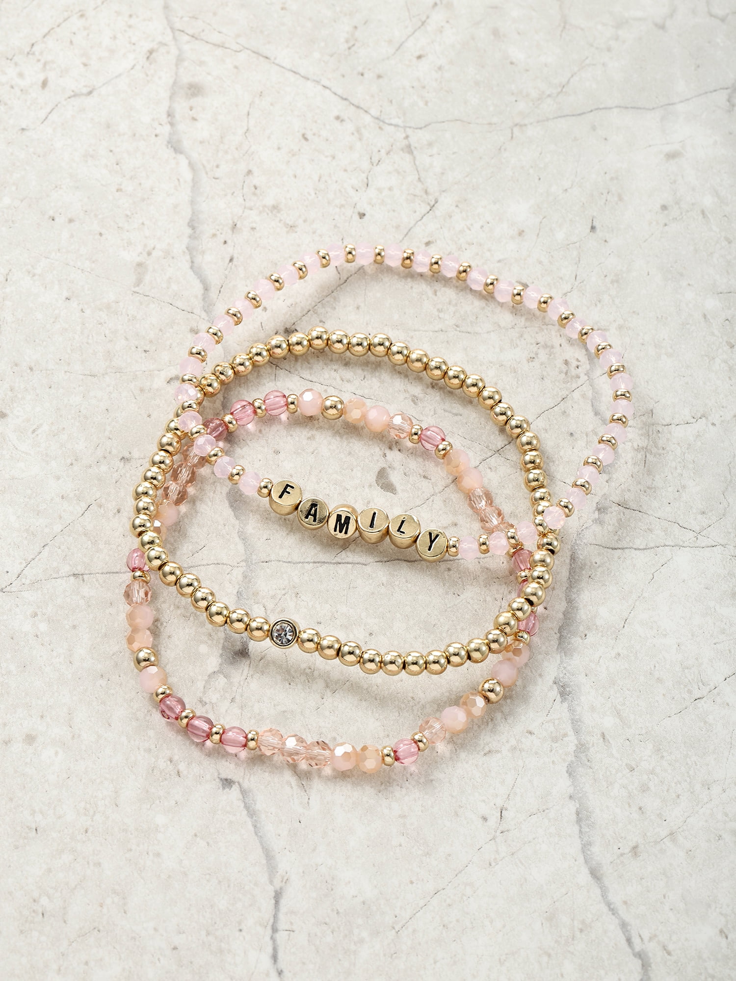 Time and Tru Goldtone Beaded Stretch Bracelets, Family Mantra, 3 Pieces, Female, Pink