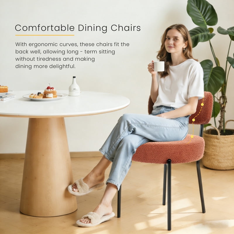 Gianna Dining Chairs Set of 2, Mid Century Modern Chair Round Upholstered Curved Backrest, Kitchen Vanity Living Room Chairs with Black Metal Legs，Orange