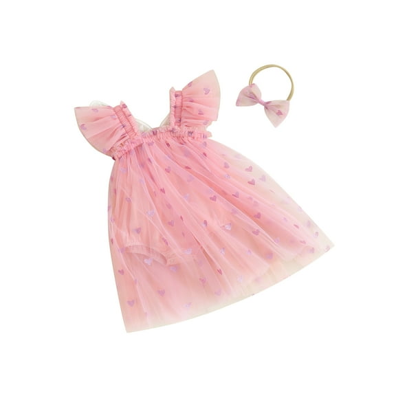 JYYYBF Infant Baby Girl Valentine's Day Jumpsuit with Bow Headband Fly Sleeve Heart Print Tulle Mesh Dress Romper Set
