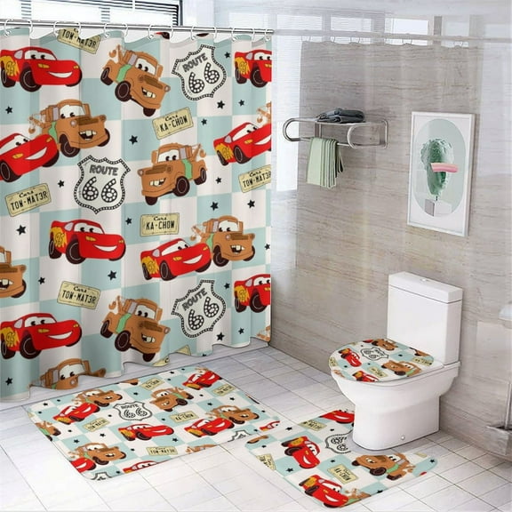 4 Piece Shower Curtain Set with Rugs Lightning McQueen Shower Curtain Bathroom Sets Decor Waterproof