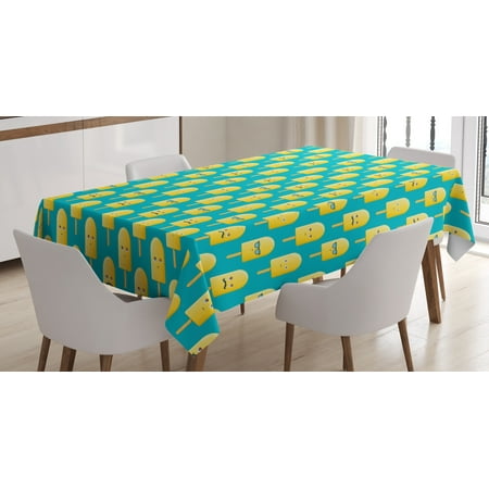 Yellow and Blue Tablecloth, Lemon Flavor Ice Cream with Face Glasses and Mustache Fun Humor Graphic, Rectangular Table Cover for Dining Room Kitchen, 52 X 70 Inches, Teal Yellow, by Ambesonne