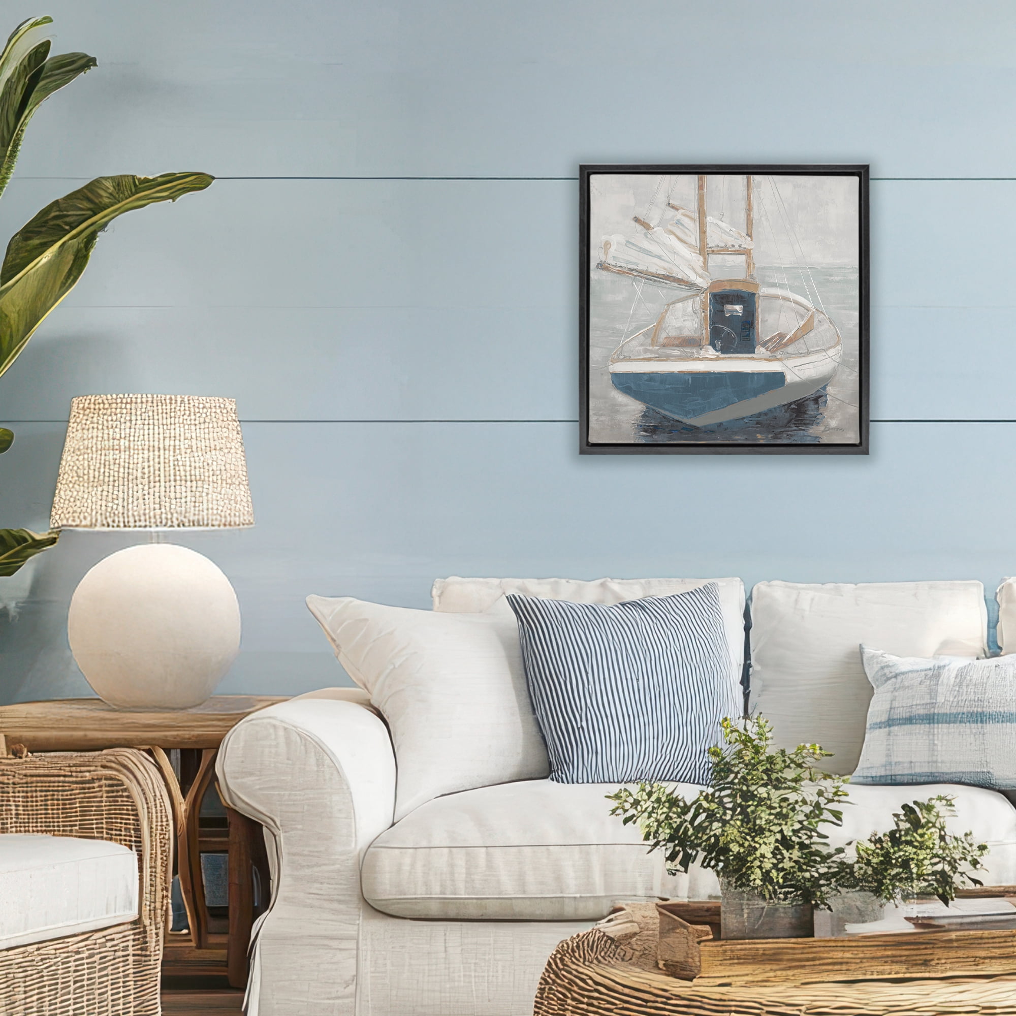 Stupell Industries Serene Harbor Sail Boat Black Framed Floater Canvas Wall Art, design by John Burrows