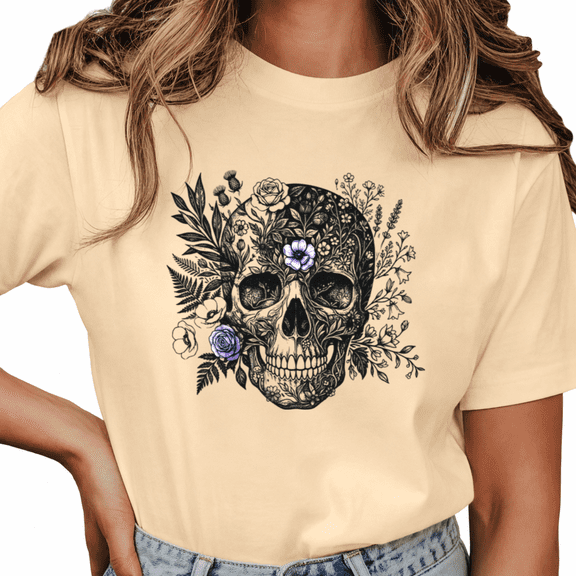 Giffimy Women Floral Skull With Purple Rose Wild Fern Botanical Gothic Crew Neck Short Sleeve S-3XL Apricot Tops