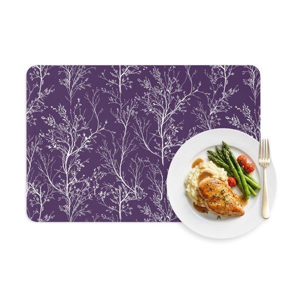 Placemats Set of 1, Abstract White Tree on Purple Faux Leather Placemat Waterproof Wipeable Table Mats 12x18in, Modern Plant Branch Washable Place Mats for Kitchen Dining Table Party Outdoor