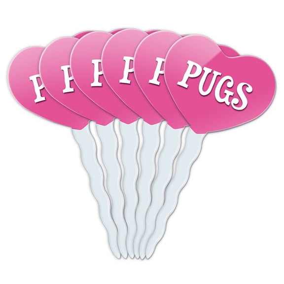 Pugs Heart Love Cupcake Picks Toppers - Set of 6