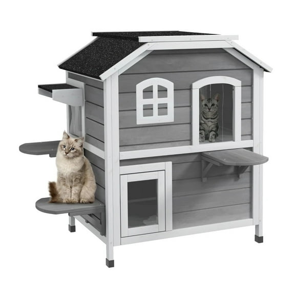 Pefilos 35" Wooden Cat House 2-Story Indoor Outdoor Luxurious Cat Shelter with Jumping Platforms, Openable Weatherproof Roof, Escape Door, Gray