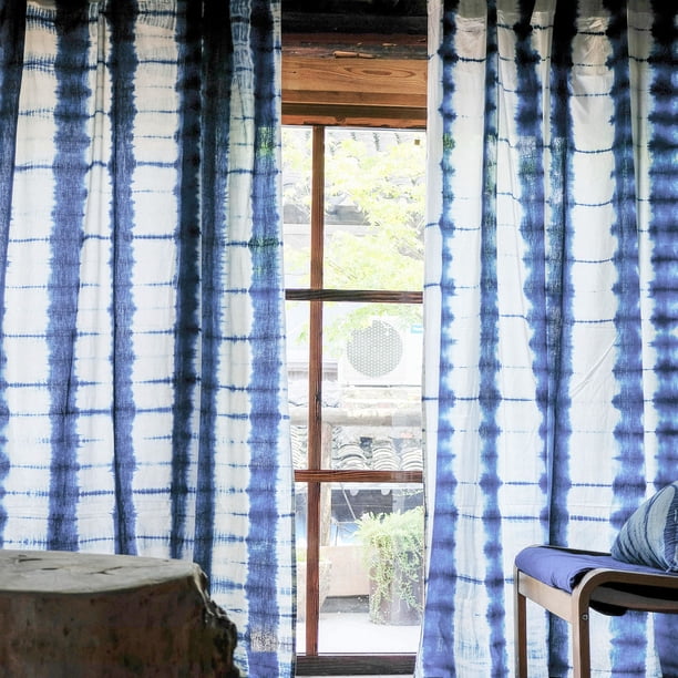 High-end Hand Dye Indigo Curtains, Natural Plant Tie Dyed Blue Window Drapes for Living Room Bedroom Cafe,Cotton Soft Curtains