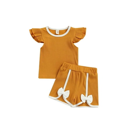 

Yinyinxull Toddler Kids Baby Girls 2Pcs Outfit Fly Sleeve Contrast Color T-Shirt+Bowknot Shorts Summer Clothes Set Brown 9-12 Months