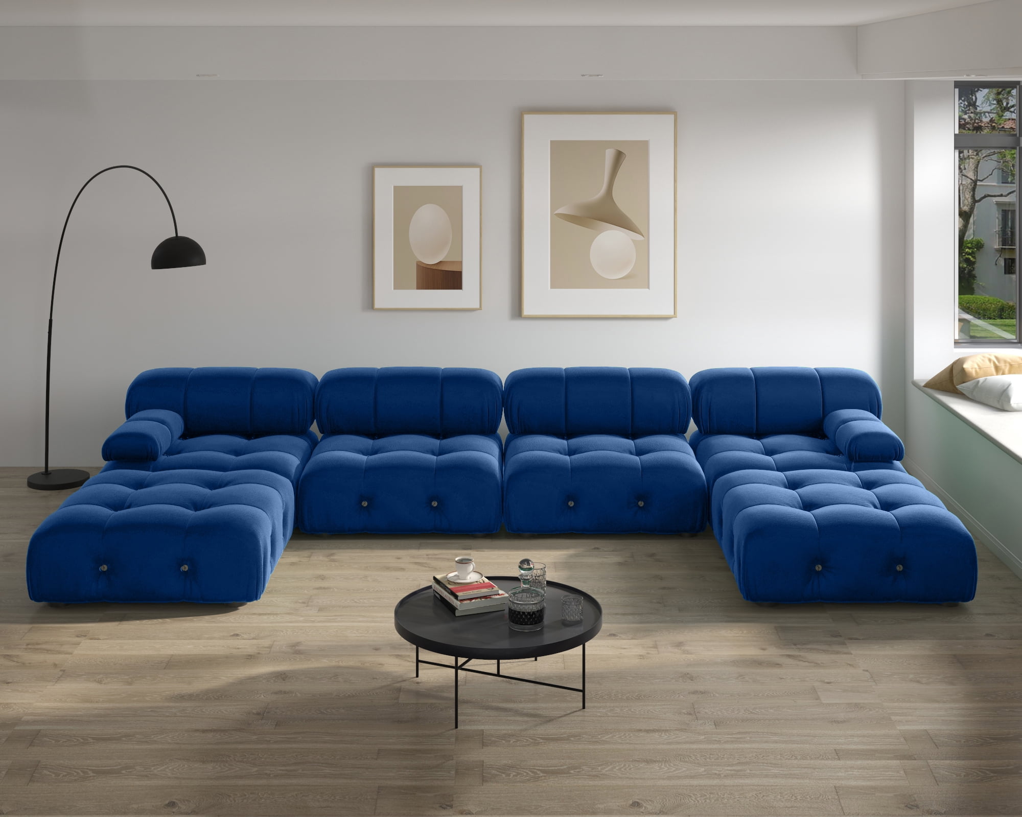 bokifol 139"Modular Sectional Sofa with Movable Ottomans for Living Room,6-Seat U Shaped Couch Sofa Set with Suede Fabric for Bedroom and Apartment,Blue