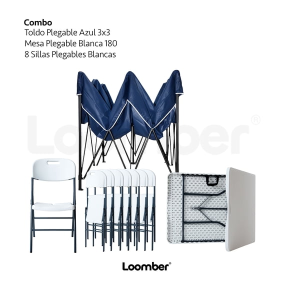 Combo de Mesa y 8 Sillas Plegables con Toldo Azul Impermeable