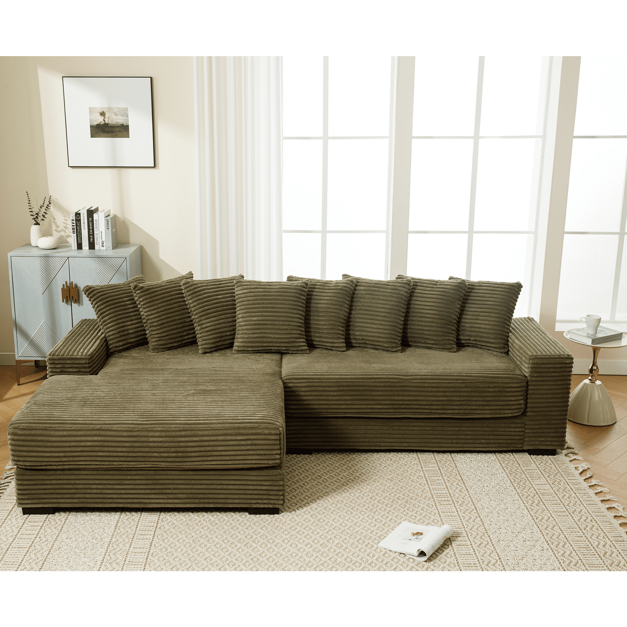 AISWORD 111" Oversized 3-Seat L-Shaped Sectional Sofa with Right Chaise, Luxury Corduroy Fabric Modular Couch with 8 Throw Pillows, Easy Assembly for Living Room