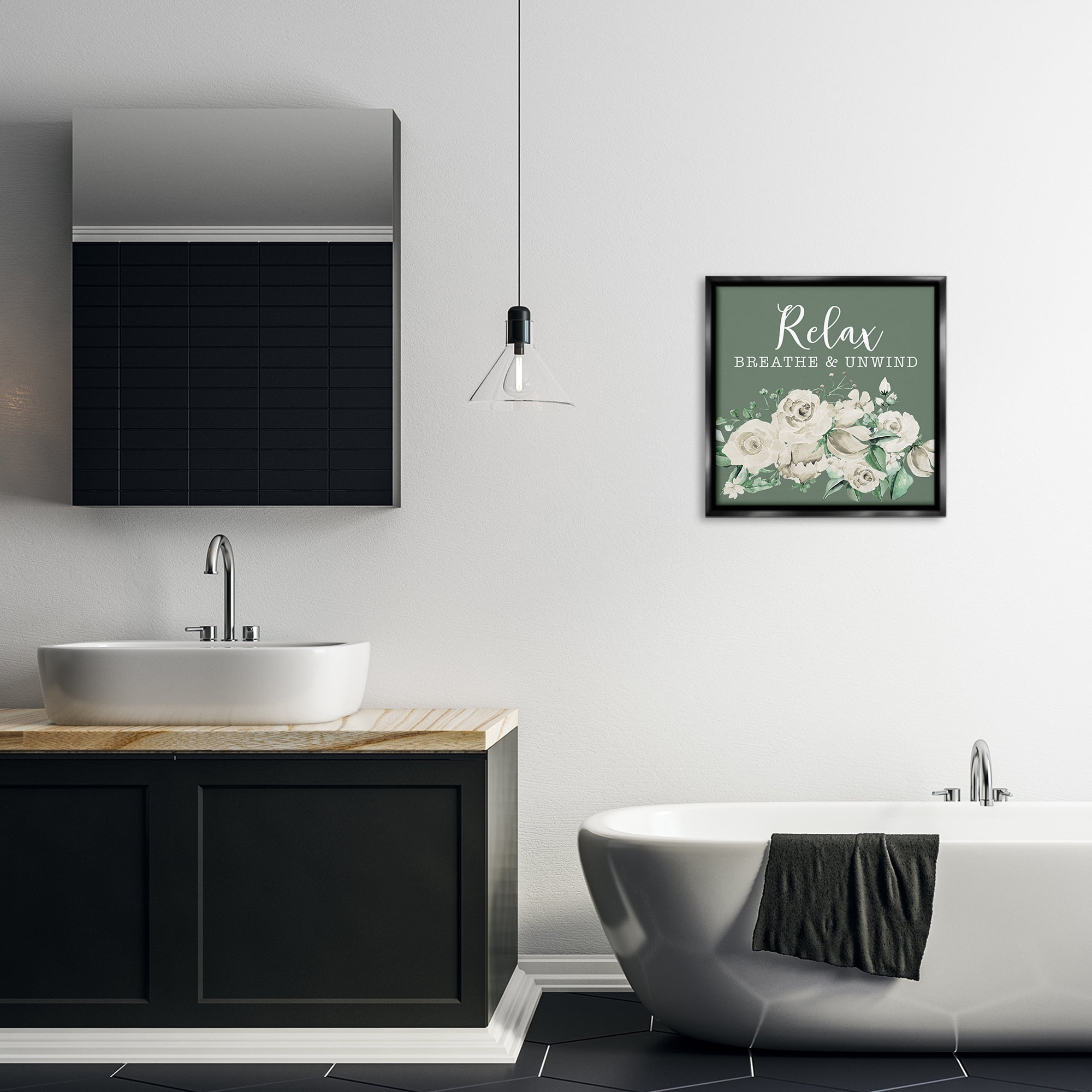 Stupell Industries Breathe & Unwind with Florals Bath & Laundry Painting Black Floater Framed Canvas Art Print Wall Art, 18 x 18