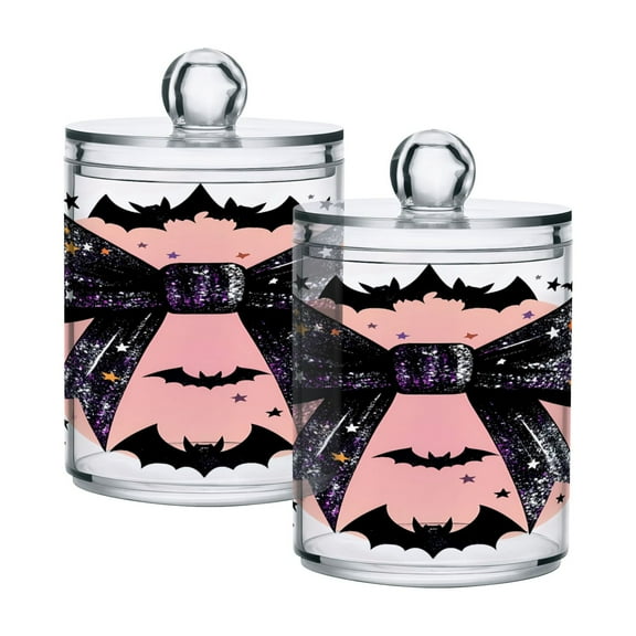2 Pack Glittery Bow with Bats Silhouette Qtip Holder Dispenser Clear Plastic Storage Apothecary Jars for Cotton Swabs Balls Pads Floss