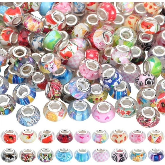 1 Box 120Pcs Large Hole Resin Beads European Bead Bulk Silver Brass Double Cores Lampwork Spacer Charms Rondelle European Loose Beads for Beading Jewelry Making Necklace Bracelet Pens Crafts diy