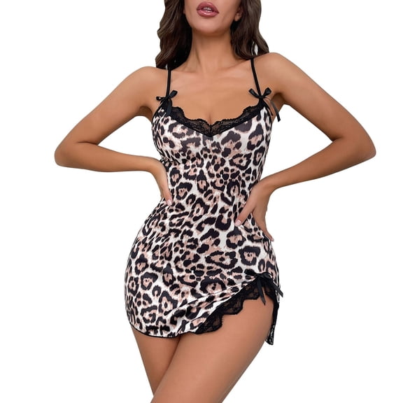 Tisuna Women'S Valentine Sexy Onesie Pajamas Leopard Print Crew Neck Nightdress Breathable Soft Ladies Festival Summer Silk Nightgown Light Pink Size L