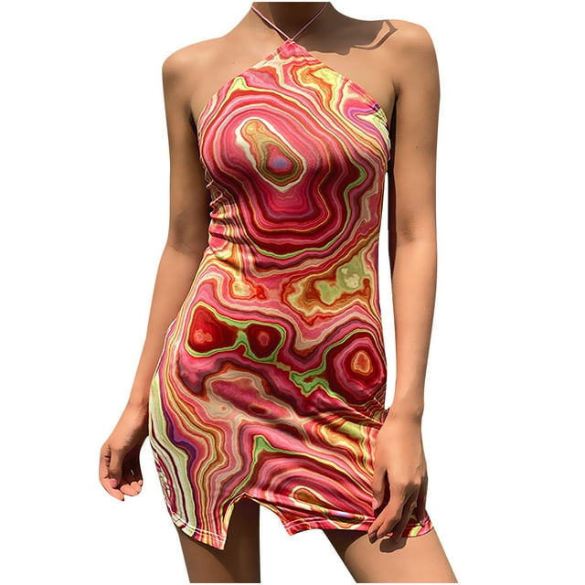 Leutsin Robe Mode Femme Imprimée Asymétrique Sexy Débardeur Court Basique Midi Club