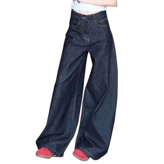 MIXUE Jeans For Women Solid Color Retro High Vibe Wide Leg Casual Pants High Waist Long Drag Pants Trousers Activewear,Blue,M