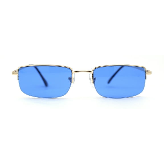 SA106 Mens Pop Color Lens Half Rim Narrow Rectangular 90s Dad Sunglasses Gold - Blue