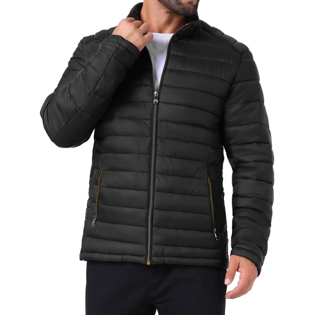 CHAQUETA PUFFER QUILTED CON CREMALLERA Y CUELLO ALTO PARA HOMBRE INSPIRAR CHIC, COLOR SÓLIDO, NEGRO, TALLA M