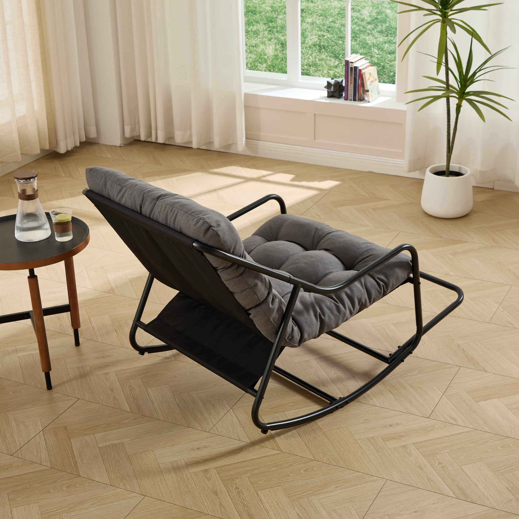 Outdoor Rocking Chair with Cushion, Patio Comfy Rocker with Thick Padding, Modern Sling Chair for Porch, Garden, Reading Nook, Black/Grey