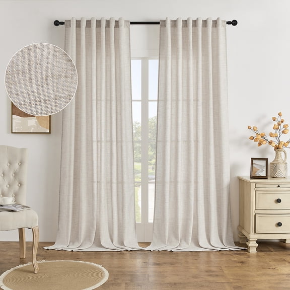 SUNICOL Natural Faux Linen Curtains 84 Inch Length, Heavy Slub Linen Textured Drapes for Living Room, Light Filtering Privacy Window Treatment, Rod Pocket & Back Tab, 2 Panels