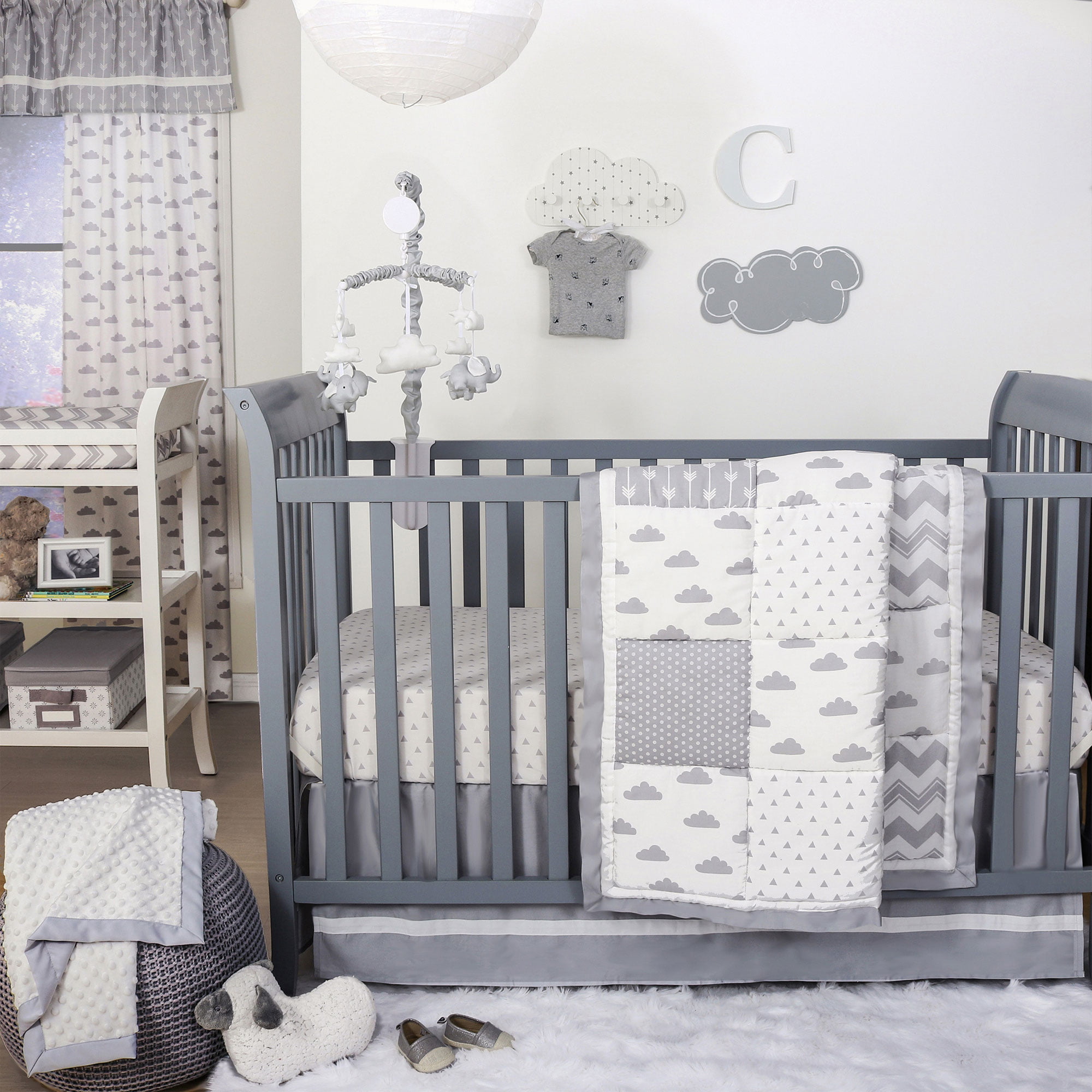 Grey Cloud and Geometric Patch Celestial Dots 4 Piece Baby Crib Bedding Set by The Peanut Shell