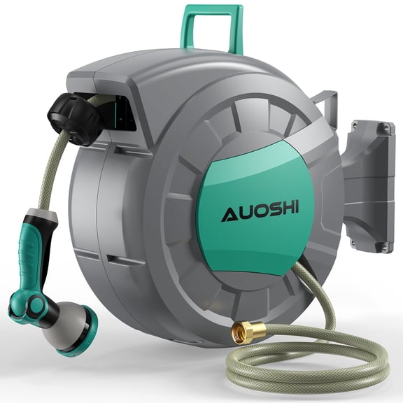 AUOSHI Retractable Garden Hose Reel 1/2 inch 100ft Automatic Hose Reel with 10 Function Sprayer Nozzle Wall Mount 180 Deg Swivel Bracket Hose Reel with Any Length Lock Slow Return System